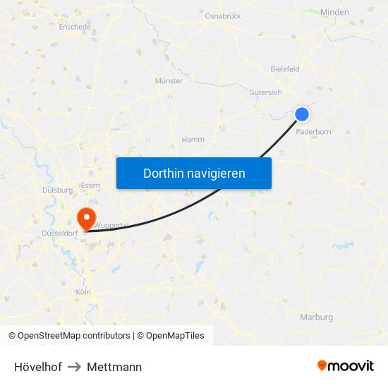 Hövelhof to Mettmann map