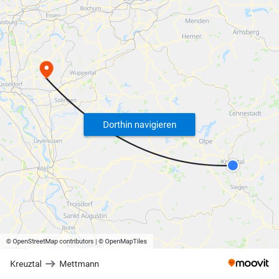 Kreuztal to Mettmann map