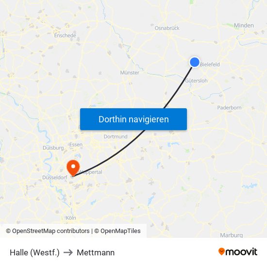 Halle (Westf.) to Mettmann map