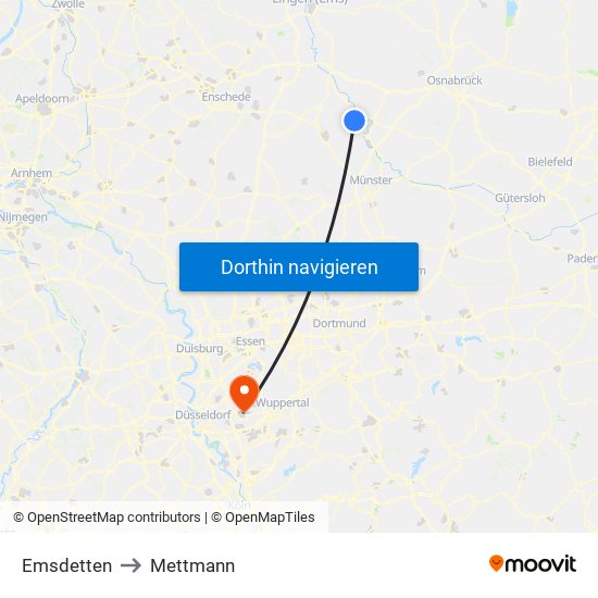 Emsdetten to Mettmann map