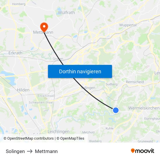 Solingen to Mettmann map