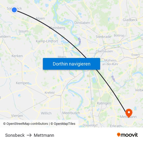 Sonsbeck to Mettmann map