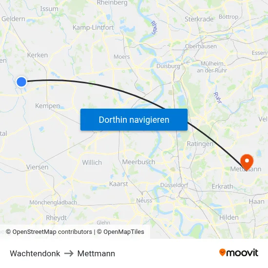 Wachtendonk to Mettmann map