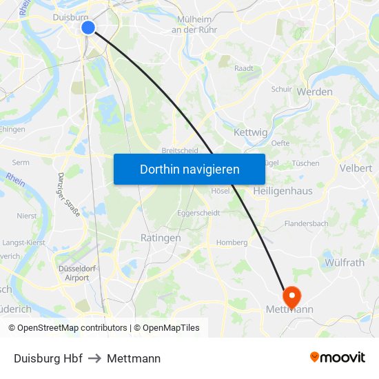 Duisburg Hbf to Mettmann map