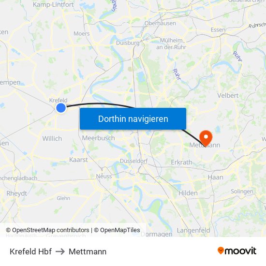 Krefeld Hbf to Mettmann map