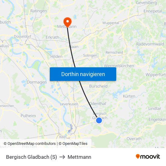 Bergisch Gladbach (S) to Mettmann map