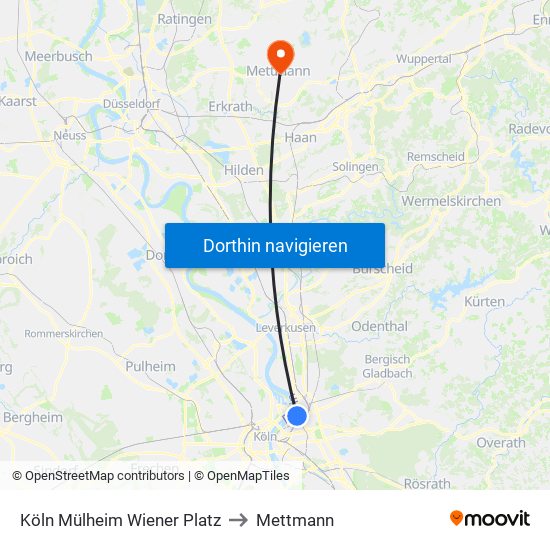 Köln Mülheim Wiener Platz to Mettmann map