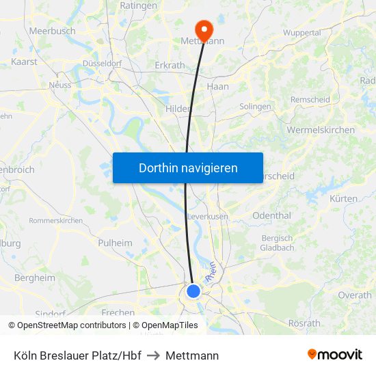 Köln Breslauer Platz/Hbf to Mettmann map