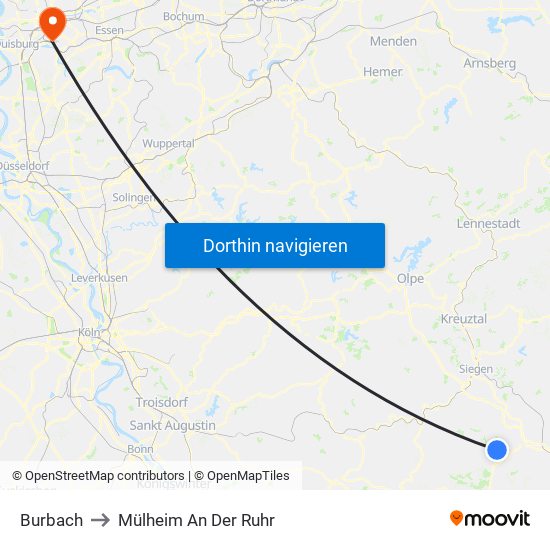 Burbach to Mülheim An Der Ruhr map