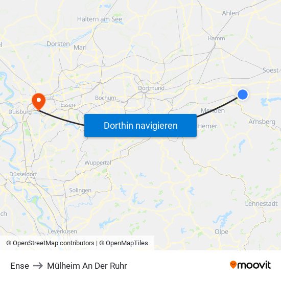 Ense to Mülheim An Der Ruhr map