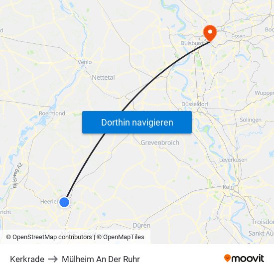 Kerkrade to Mülheim An Der Ruhr map