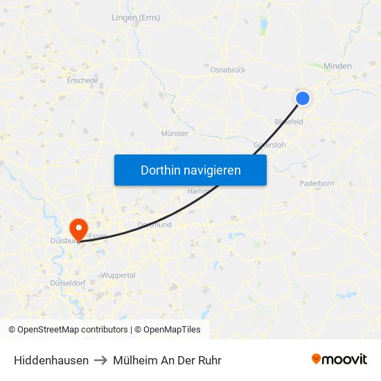 Hiddenhausen to Mülheim An Der Ruhr map