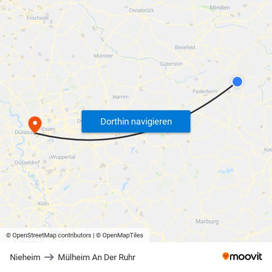 Nieheim to Mülheim An Der Ruhr map