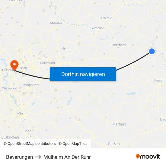 Beverungen to Mülheim An Der Ruhr map