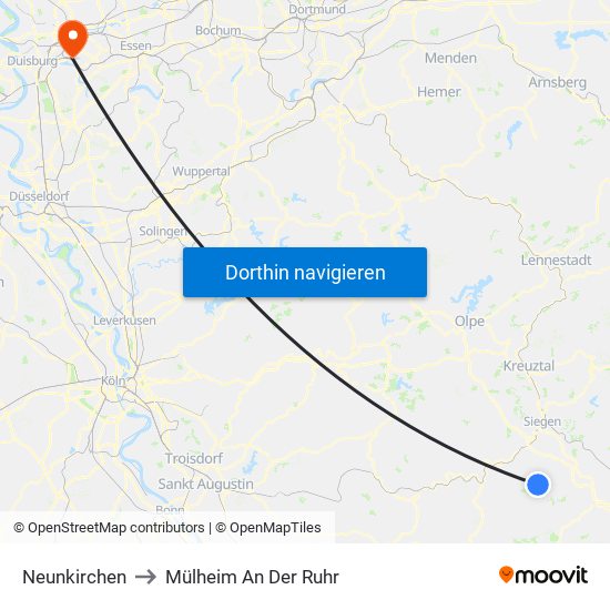 Neunkirchen to Mülheim An Der Ruhr map