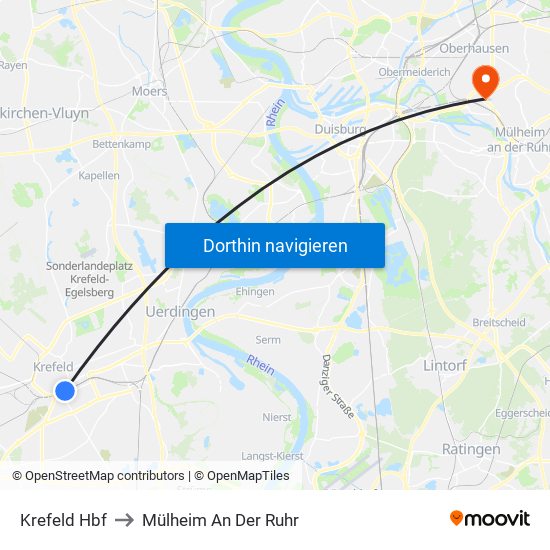 Krefeld Hbf to Mülheim An Der Ruhr map