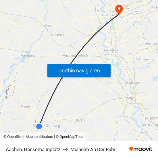 Aachen, Hansemannplatz to Mülheim An Der Ruhr map