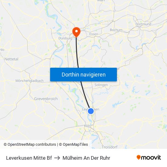 Leverkusen Mitte Bf to Mülheim An Der Ruhr map