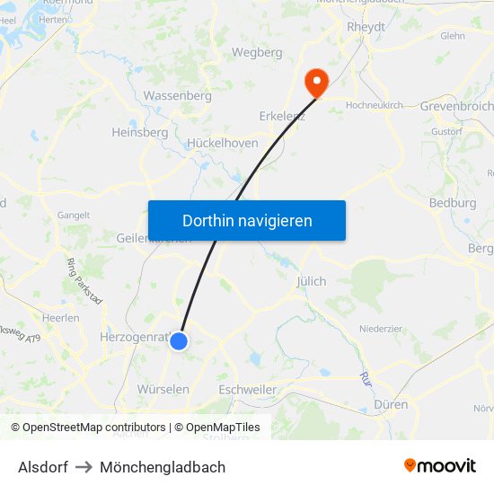 Alsdorf to Mönchengladbach map