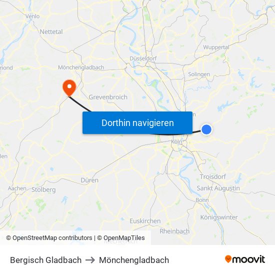 Bergisch Gladbach to Mönchengladbach map