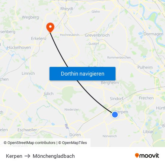 Kerpen to Mönchengladbach map