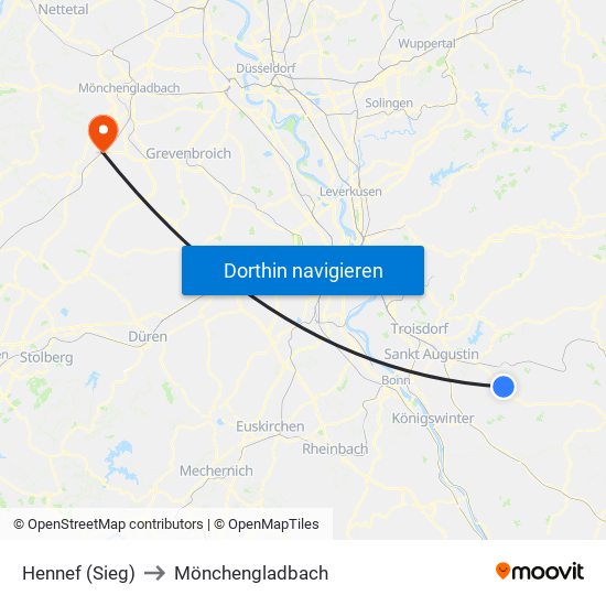 Hennef (Sieg) to Mönchengladbach map