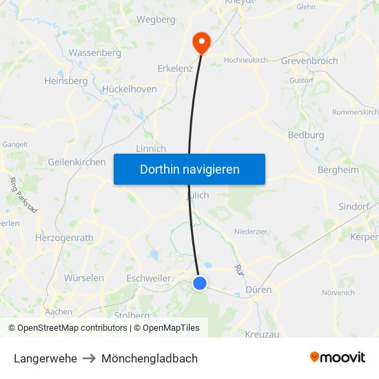 Langerwehe to Mönchengladbach map