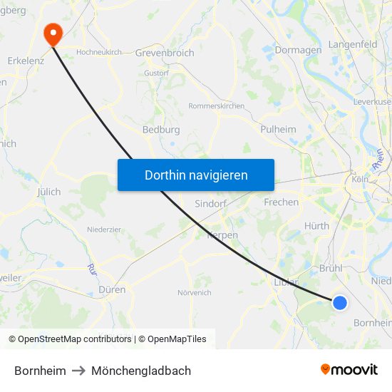 Bornheim to Mönchengladbach map
