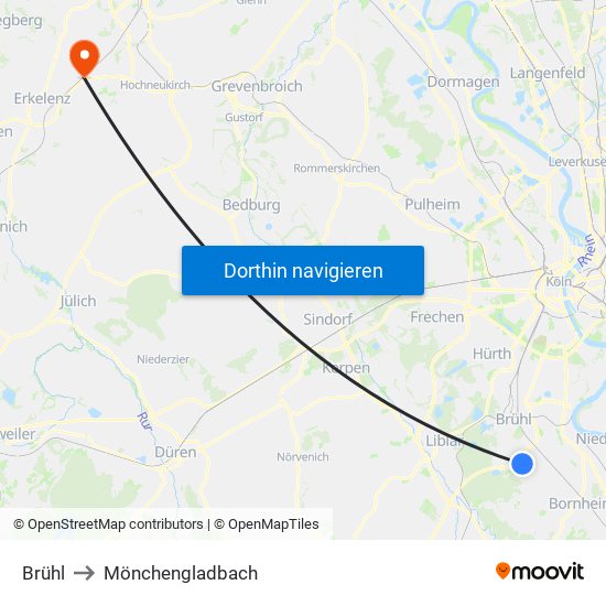 Brühl to Mönchengladbach map