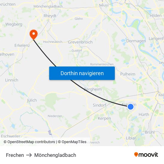 Frechen to Mönchengladbach map