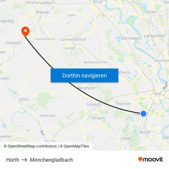 Hürth to Mönchengladbach map