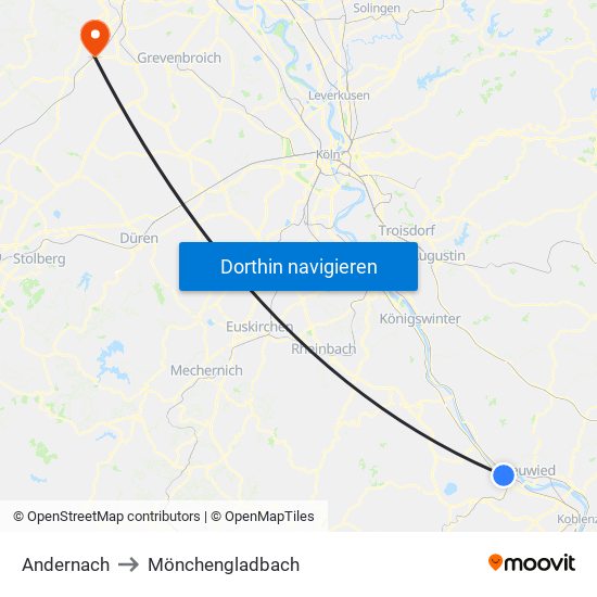Andernach to Mönchengladbach map