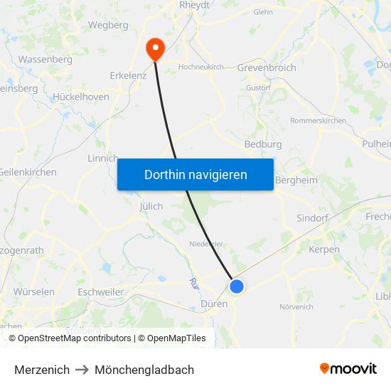 Merzenich to Mönchengladbach map