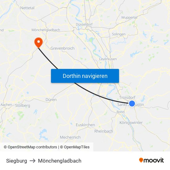 Siegburg to Mönchengladbach map