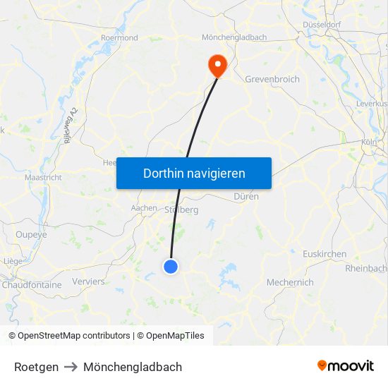 Roetgen to Mönchengladbach map