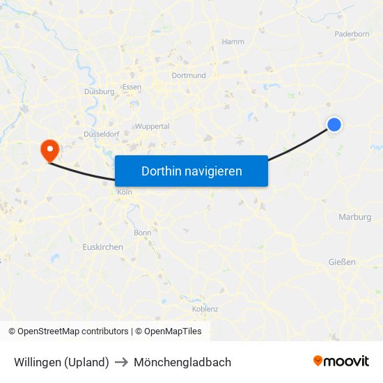 Willingen (Upland) to Mönchengladbach map