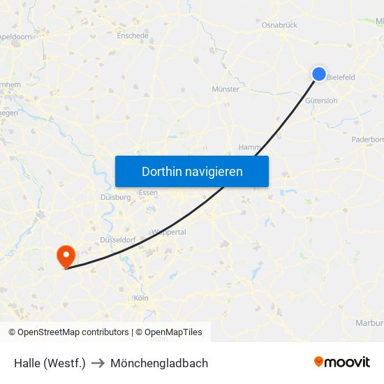 Halle (Westf.) to Mönchengladbach map