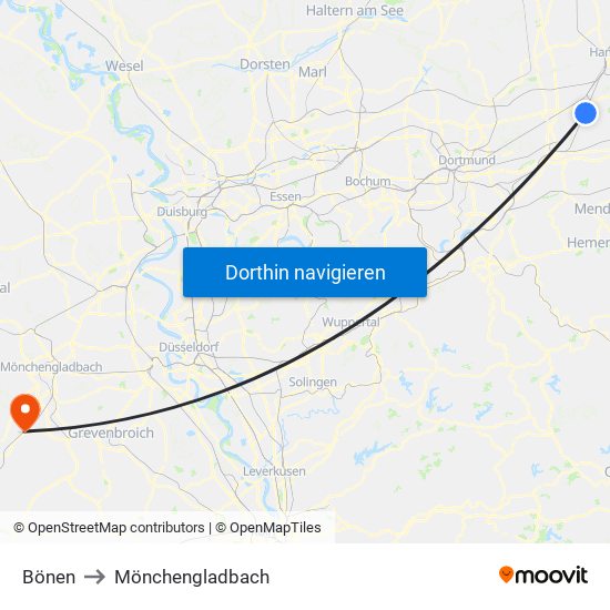 Bönen to Mönchengladbach map