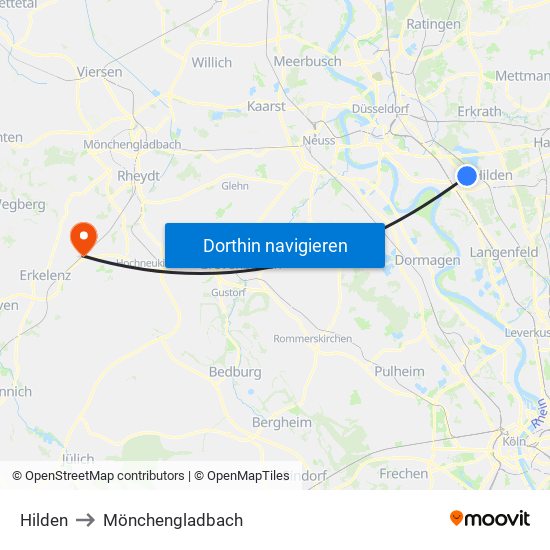 Hilden to Mönchengladbach map