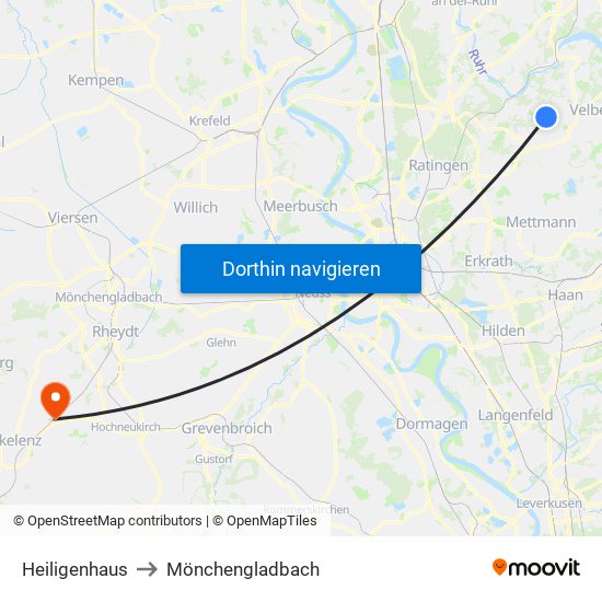 Heiligenhaus to Mönchengladbach map