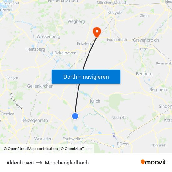 Aldenhoven to Mönchengladbach map