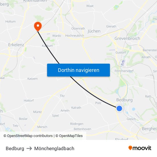 Bedburg to Mönchengladbach map