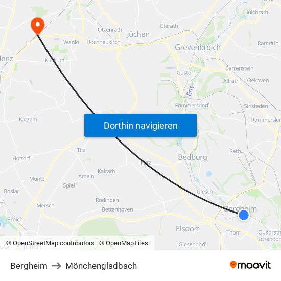 Bergheim to Mönchengladbach map