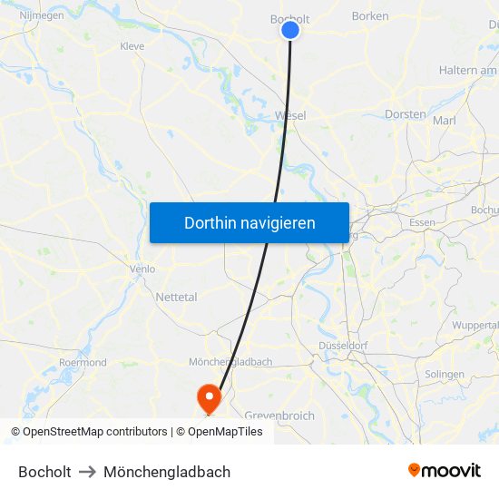 Bocholt to Mönchengladbach map