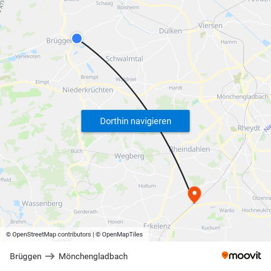 Brüggen to Mönchengladbach map