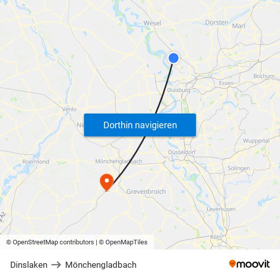 Dinslaken to Mönchengladbach map