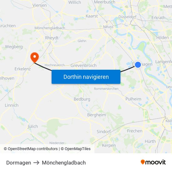 Dormagen to Mönchengladbach map
