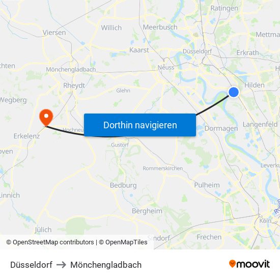 Düsseldorf to Mönchengladbach map