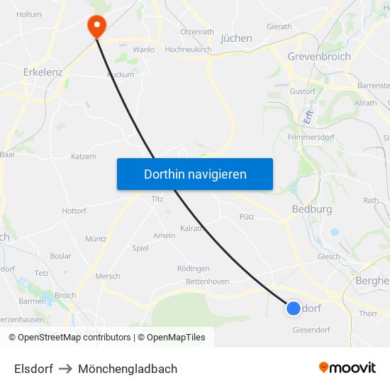 Elsdorf to Mönchengladbach map