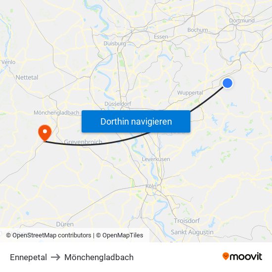Ennepetal to Mönchengladbach map